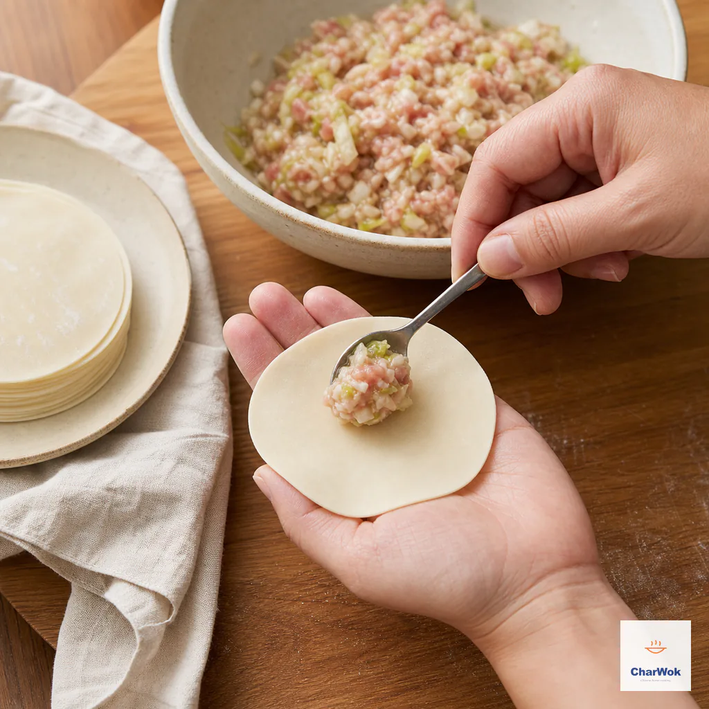One level teaspoon of cold pork and cabbage filling placed in the centre of a cupped wrapper