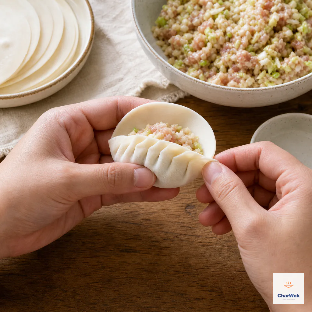 Hands continue a row of six overlapping pleats from left to right across a filled dumpling