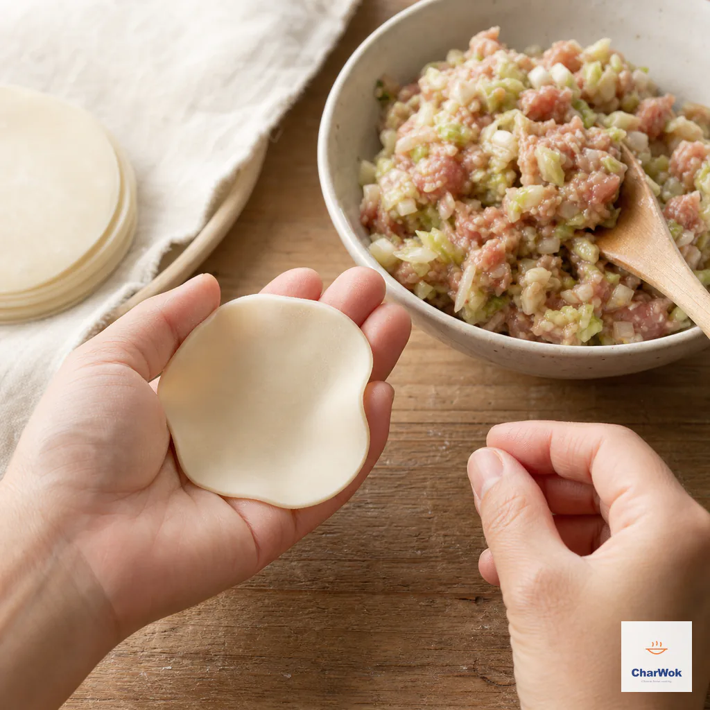 A round dumpling wrapper cupped into a shallow bowl in the non-dominant hand