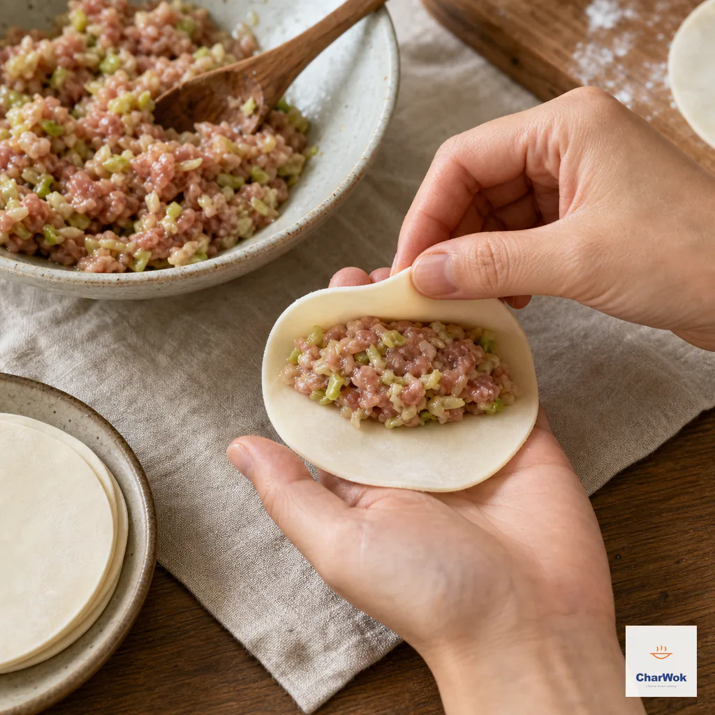 The far wrapper edge lifts over the filling to make an open hinge without sealing