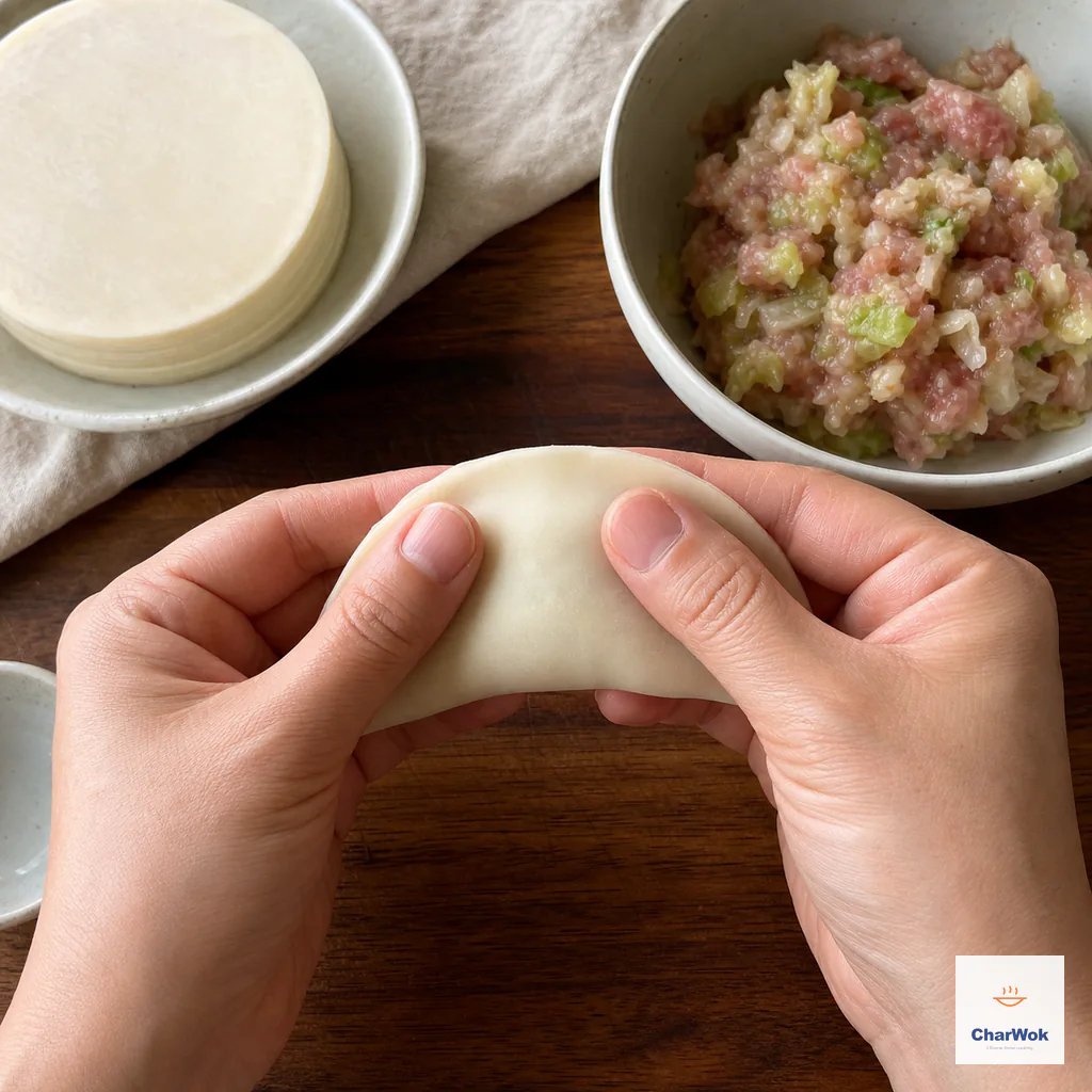 Both thumbs press a plain half-moon seam firmly from its pinched centre toward the corners