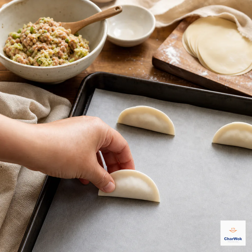 A hand sets a sealed half-moon dumpling flat-side down and seam-up on a parchment-lined tray