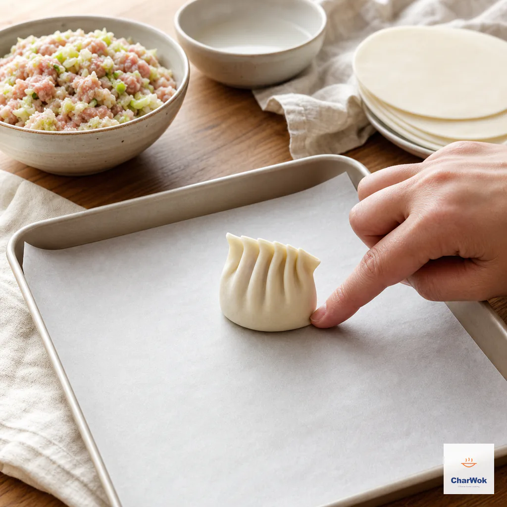 A completed pleated dumpling stands upright on its broad flat base with pleats along the top
