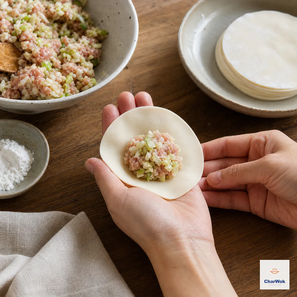 A fresh wrapper cupped around a rounded teaspoon of filling positioned slightly toward the palm