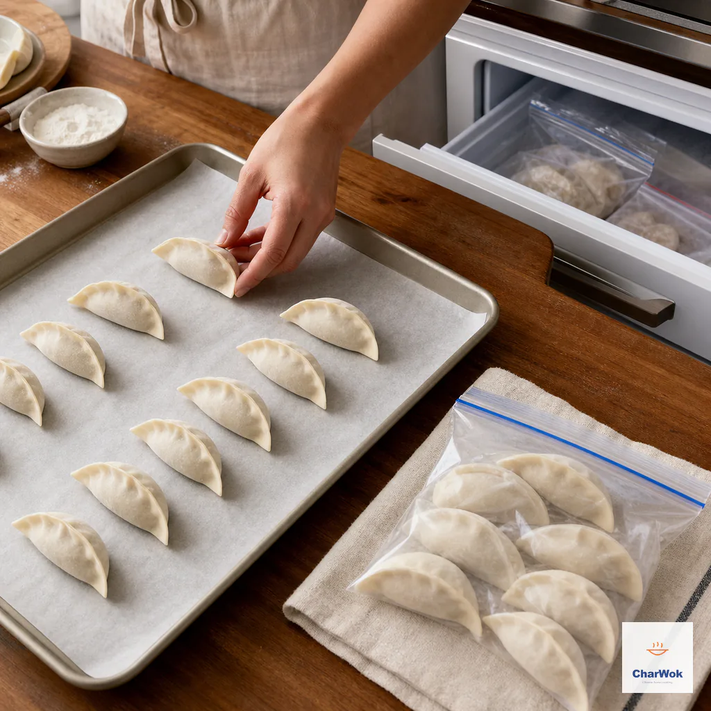 Raw dumplings freeze separately on a parchment-lined tray before already-firm dumplings move to an airtight freezer bag