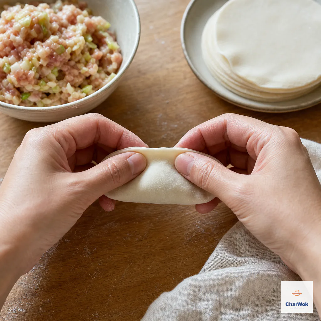 两手拇指与食指同时从水饺中央往两侧夹住并向内挤压封口