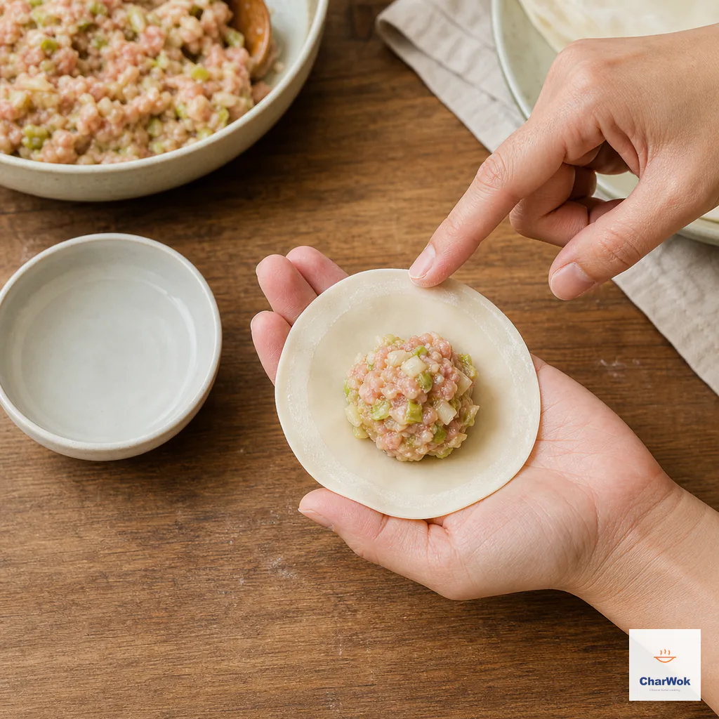 A fingertip paints a thin band of water around the rim of a dry round dumpling wrapper