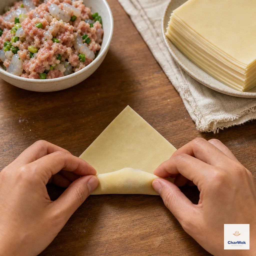 Hands roll a filled wrapper upward from one corner while the opposite triangular corner remains visible