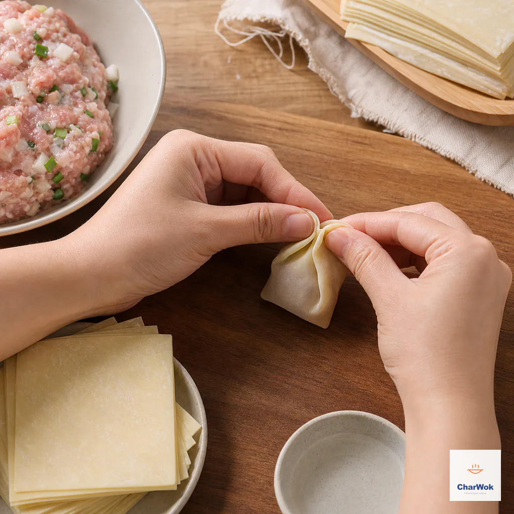 Two standing corners of a sealed envelope wonton are drawn together and pinched into a plump pouch