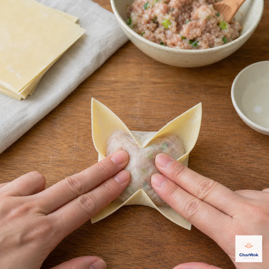 Fingers flatten four diagonal envelope seams while pressing air outward from the filling