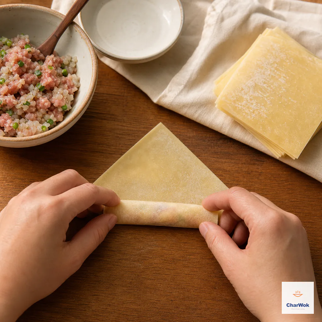 Hands roll the filled bottom corner upward into a cylinder and stop just before the far top corner