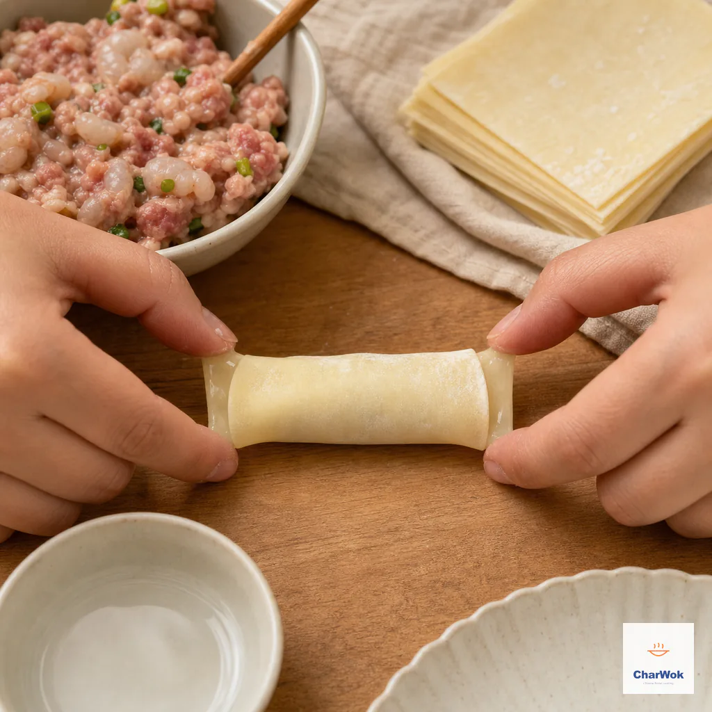 A filled wrapper cylinder has its seam pressed flat and both open side ends moistened