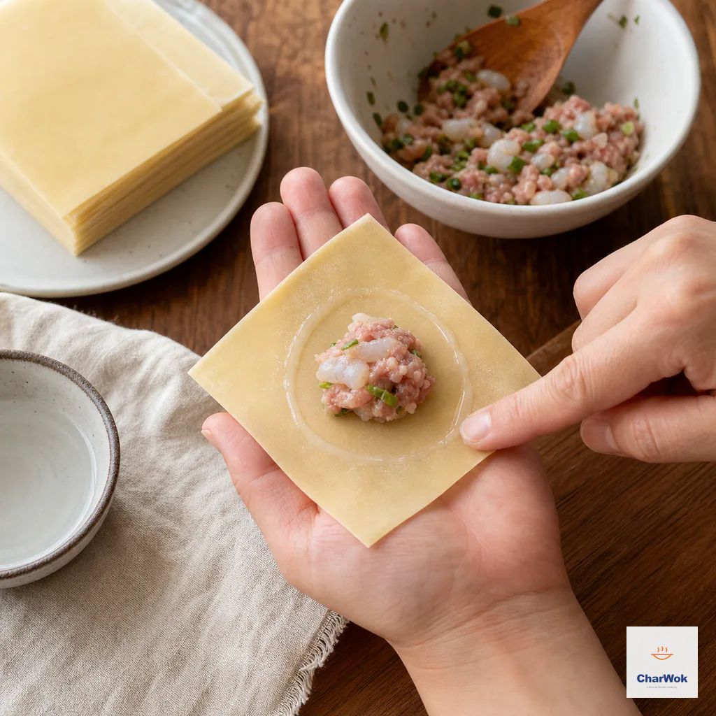 One teaspoon of filling sits in the center of a square wrapper while a fingertip wets a thin ring around it