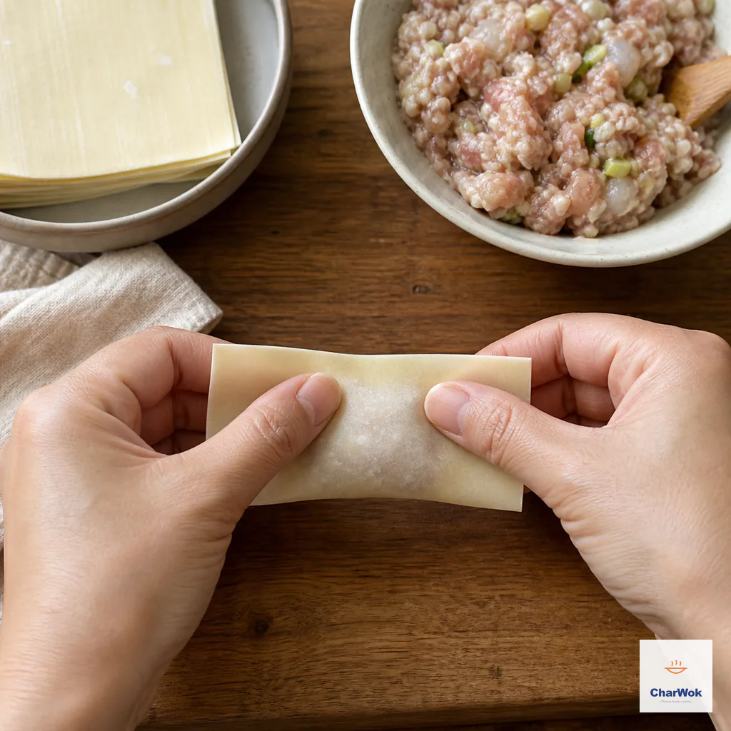 Hands fold a filled square wrapper in half into a rectangle while pushing trapped air toward the open edge
