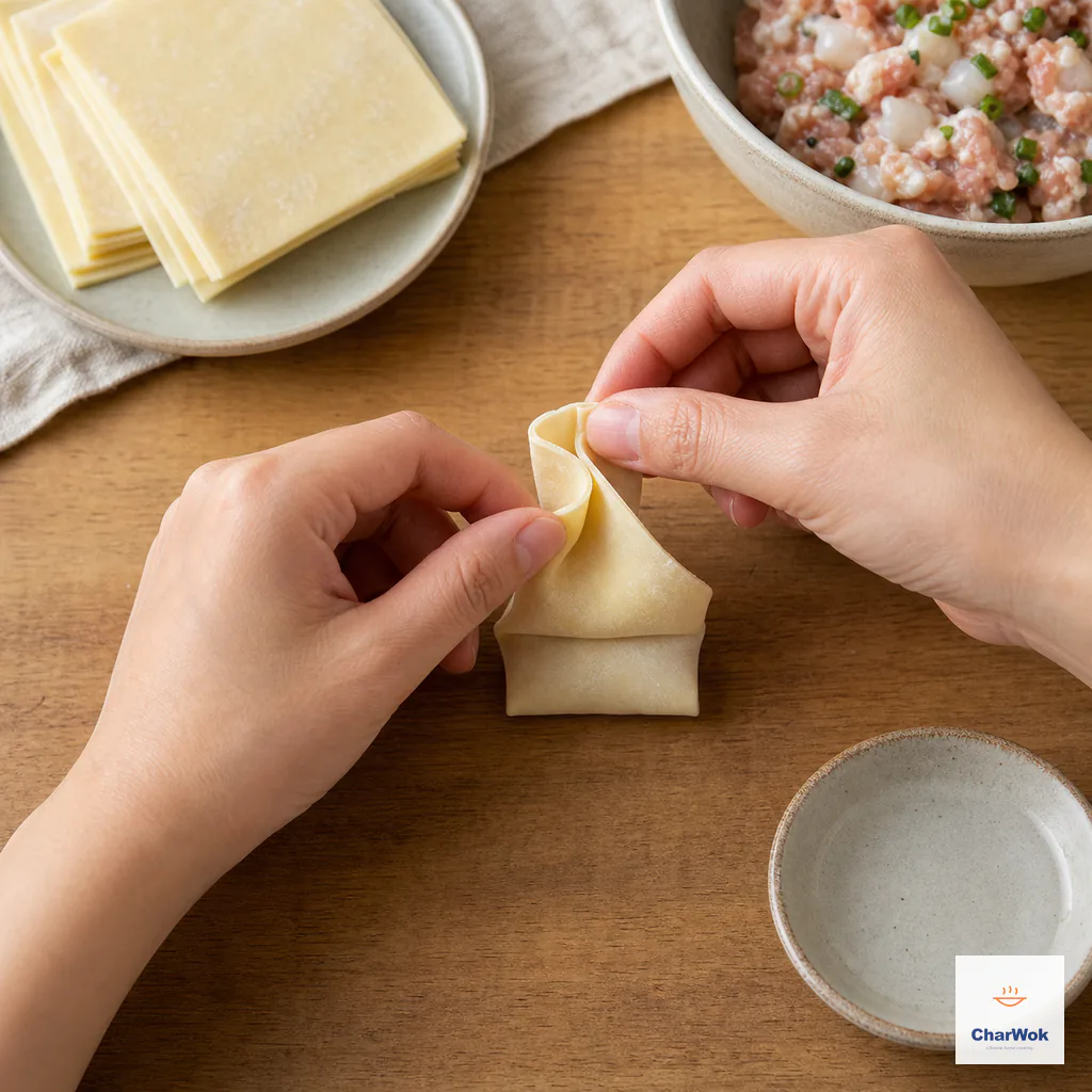 The two upper corners of a rectangular wonton overlap and are pinched while the fold stands on its base