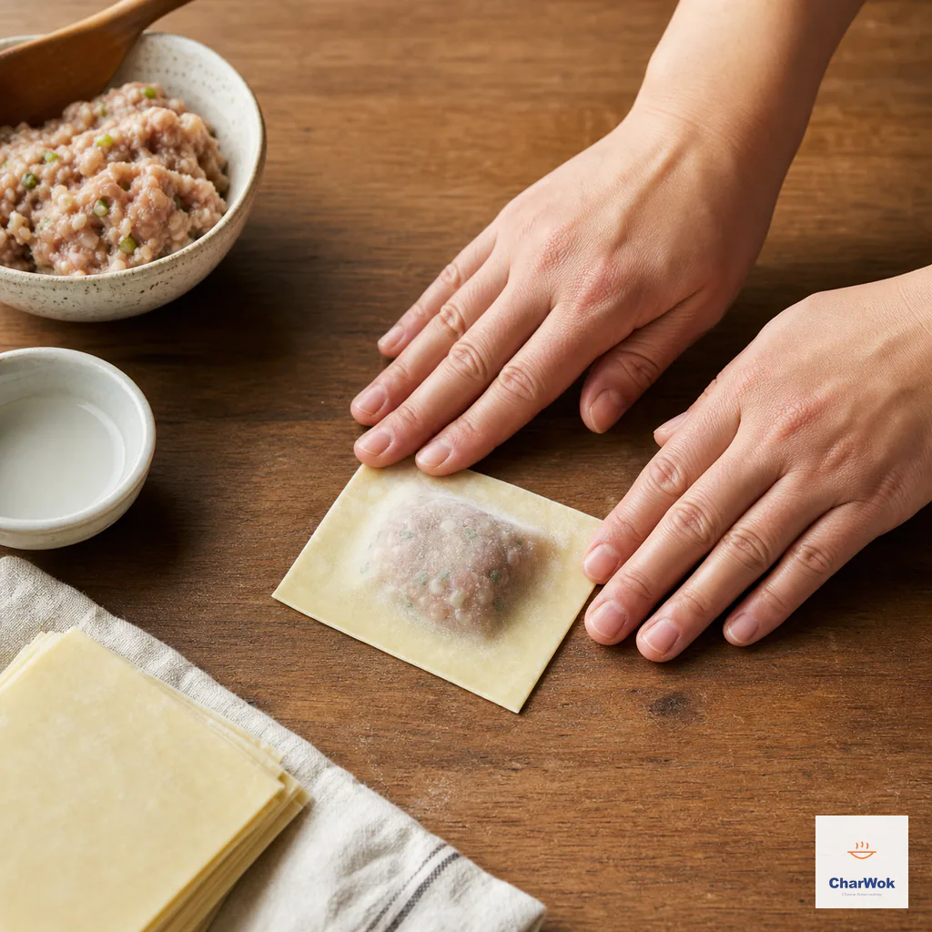 Fingertips press the three open edges of a filled rectangular wonton completely flat