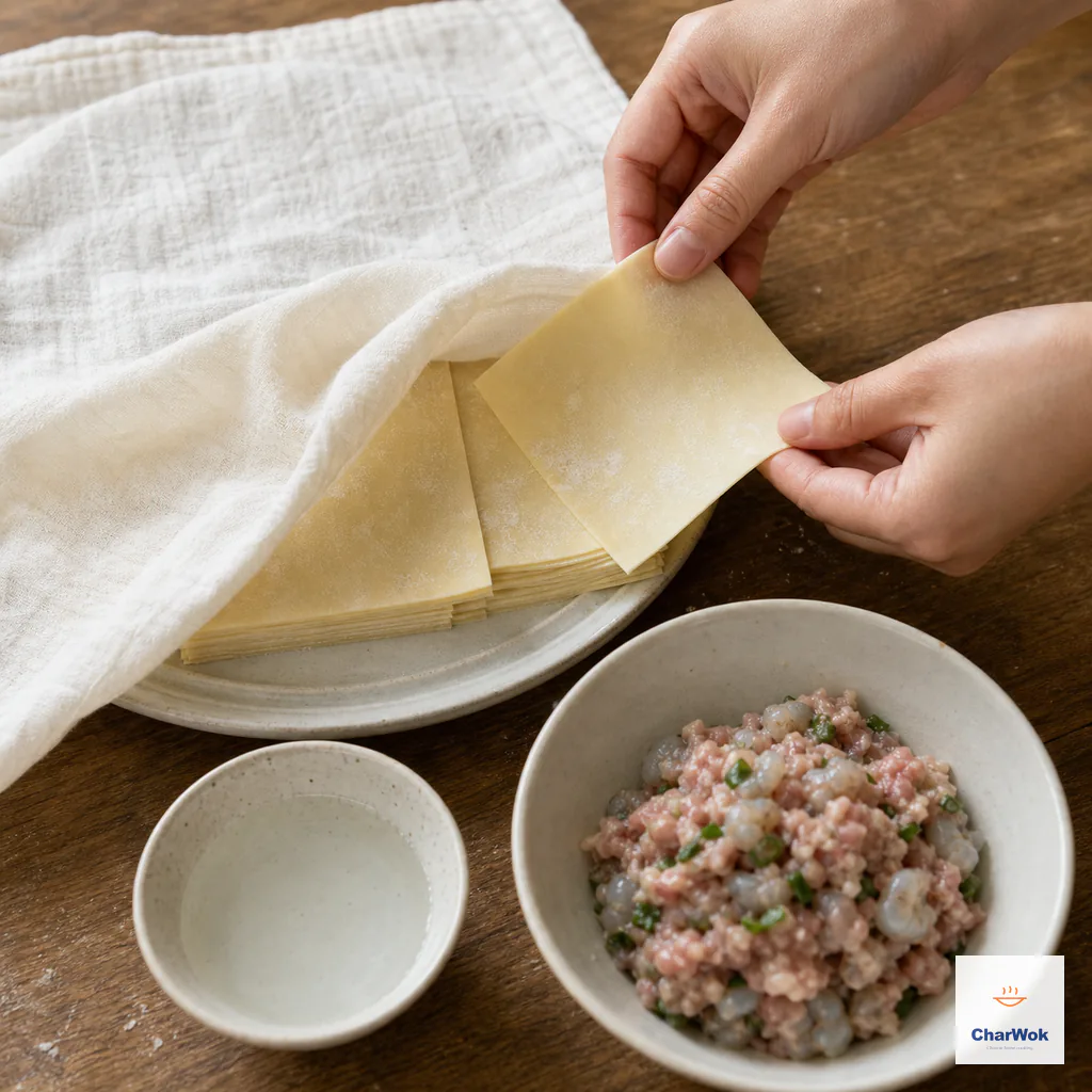 馄饨皮叠以拧干湿布覆盖,旁边备妥一小碗清水、低温馅料与铺纸托盘