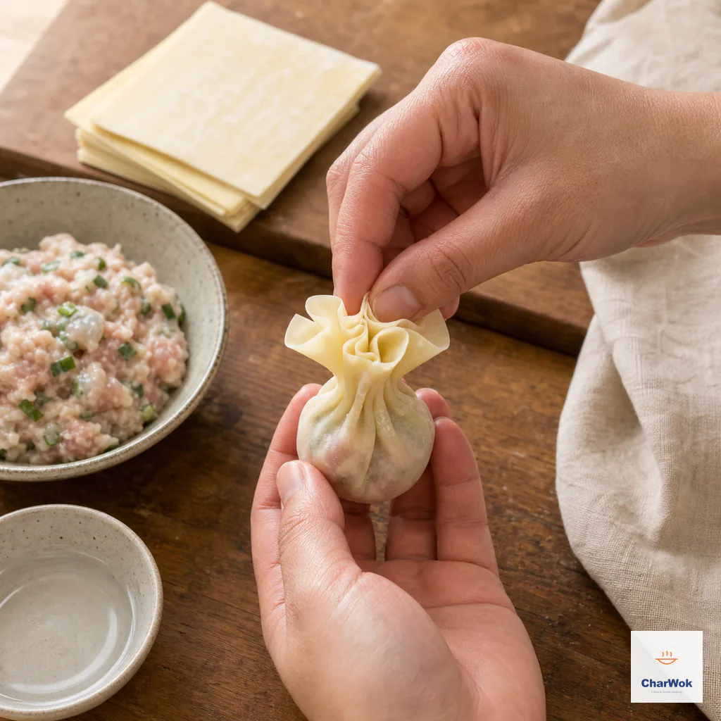 Fingertips gather the loose wrapper corners and squeeze the narrow neck above a filled wonton pouch