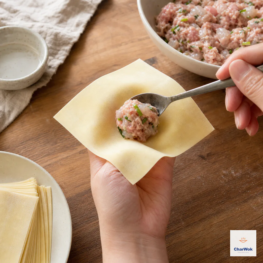 An intact square wrapper drapes over a thumb-and-index finger ring while a spoon fills its center depression