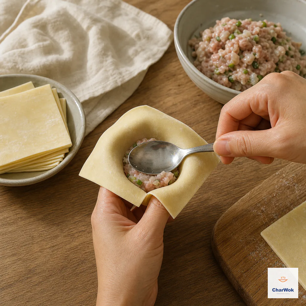 The back of a spoon pushes filling and an intact wrapper downward through a finger-ring opening