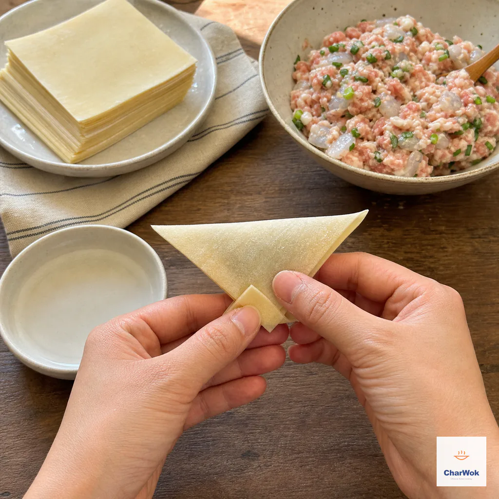 The two acute side corners of a triangular wonton overlap in front and are pinched together