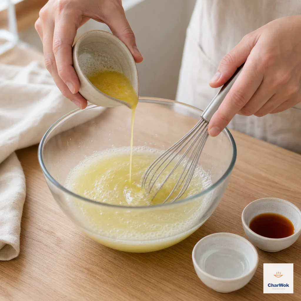 Warm melted butter pours into foamy egg whites while vanilla and clear water wait beside the bowl