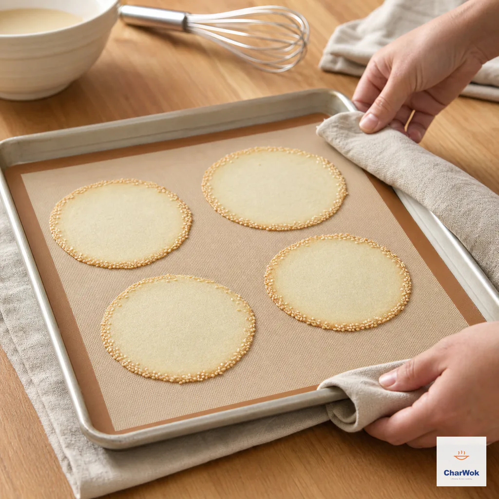 Four flat baked wafers have matte pale centers and only faintly golden sesame-studded outer edges