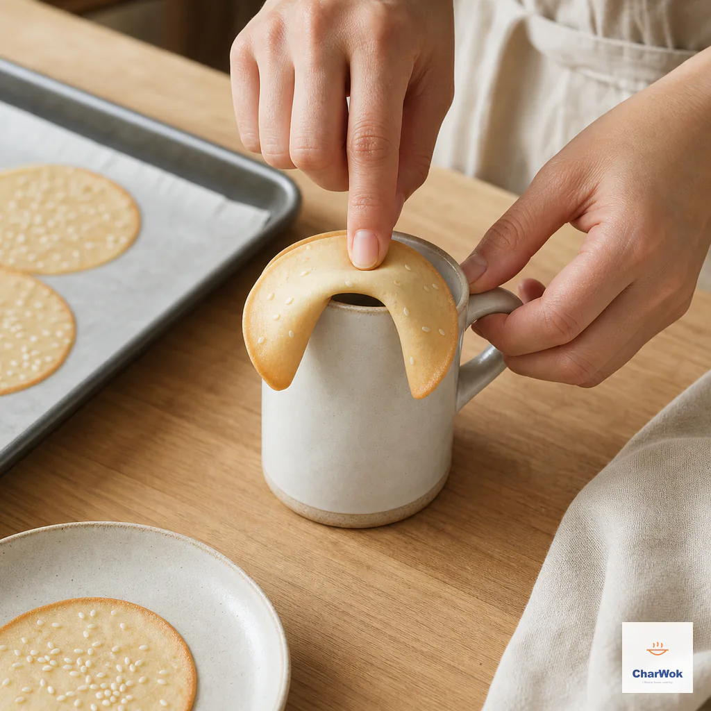 Hands bend a warm folded semicircle backward over a wide mug rim to create the signature fortune-cookie curve