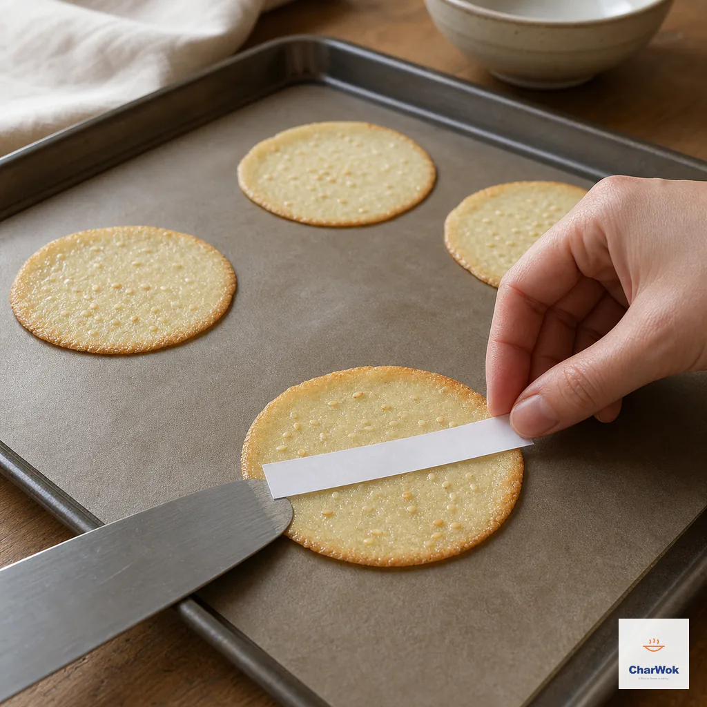 A thin spatula flips one warm wafer smooth-side up while a blank paper fortune is laid across its center