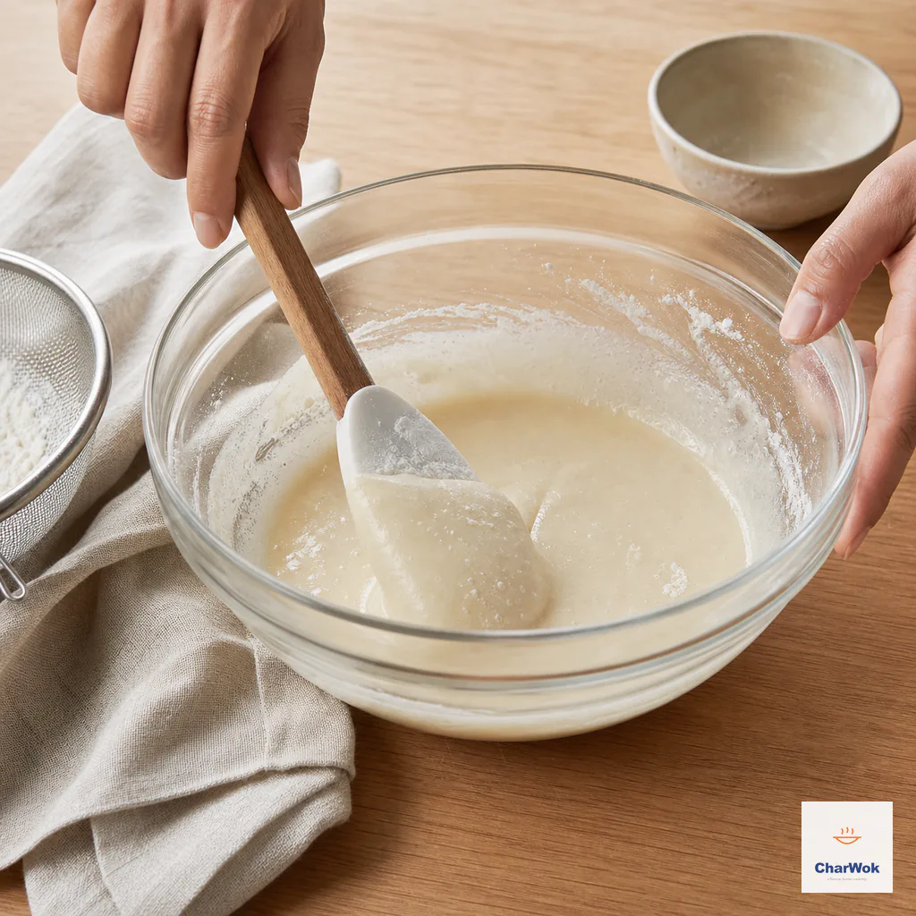 A spatula gently folds sifted flour into thin fortune-cookie batter with only tiny streaks remaining