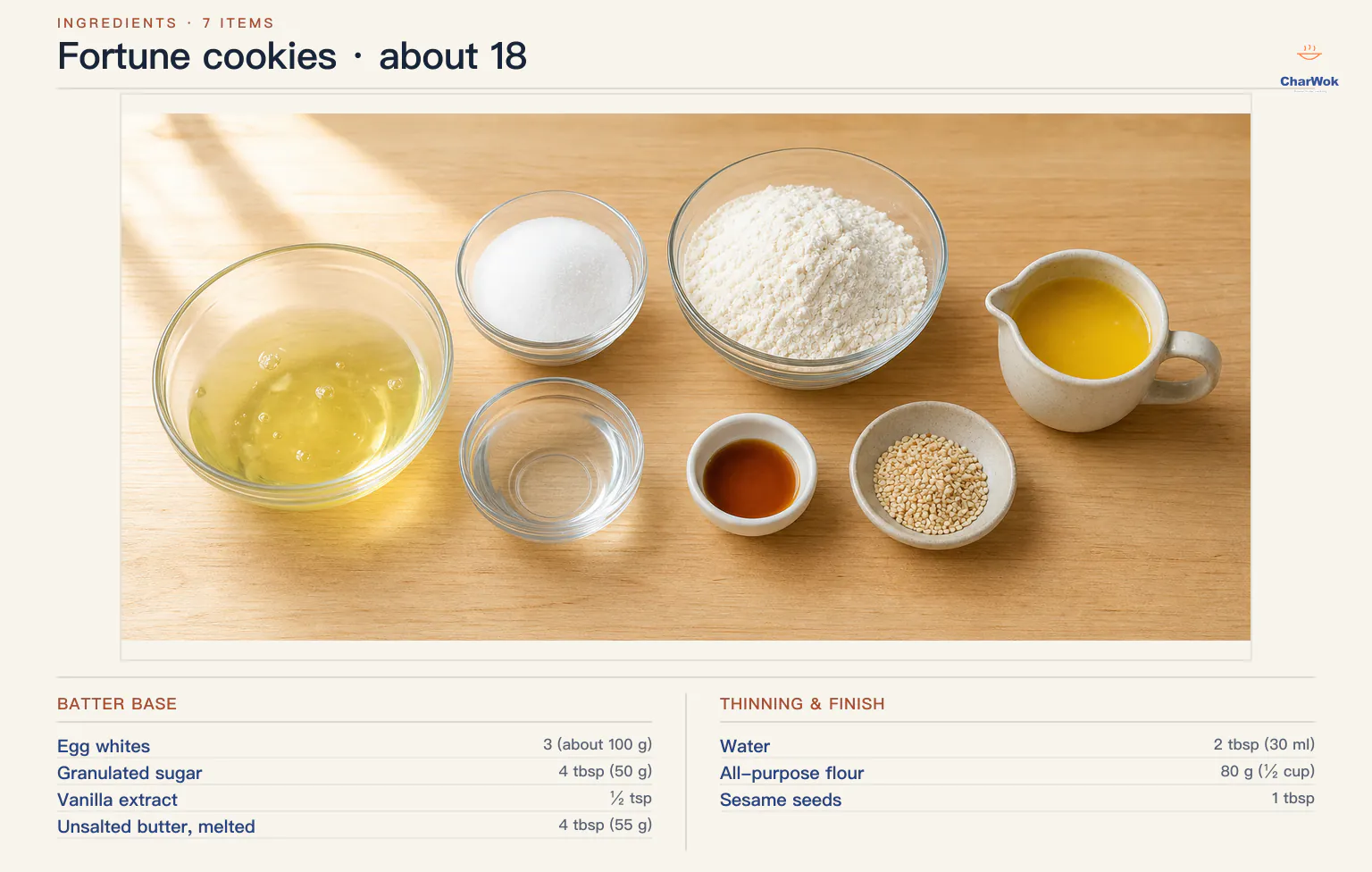 English fortune-cookie ingredients for about 18 cookies: 3 egg whites about 100 grams, 4 tablespoons or 50 grams granulated sugar, half a teaspoon vanilla, 4 tablespoons or 55 grams melted unsalted butter, 2 tablespoons or 30 millilitres water, 80 grams all-purpose flour and 1 tablespoon toasted white sesame