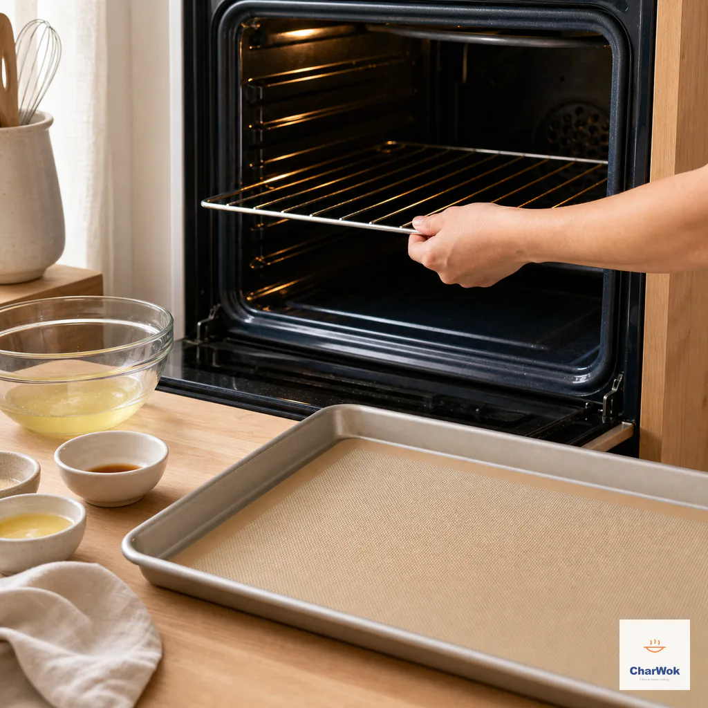 A hand positions the oven rack in the middle slot beside an empty silicone-lined baking sheet