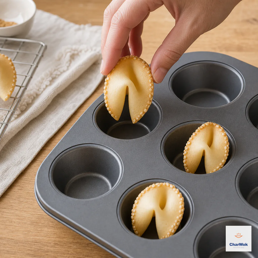 A freshly bent fortune cookie is lowered into a muffin-tin cup where the walls hold its two lobes in shape