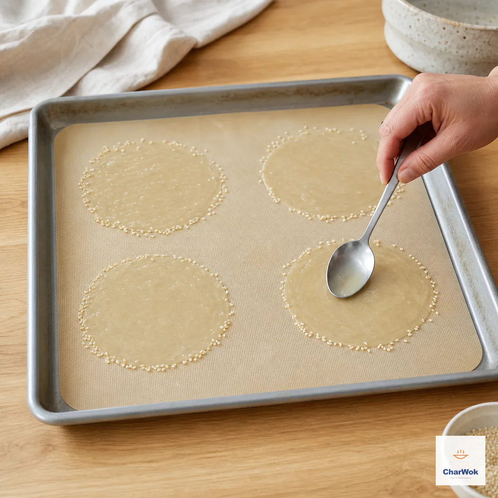 The back of a spoon spreads exactly four separate nearly translucent batter circles with sesame around their rims