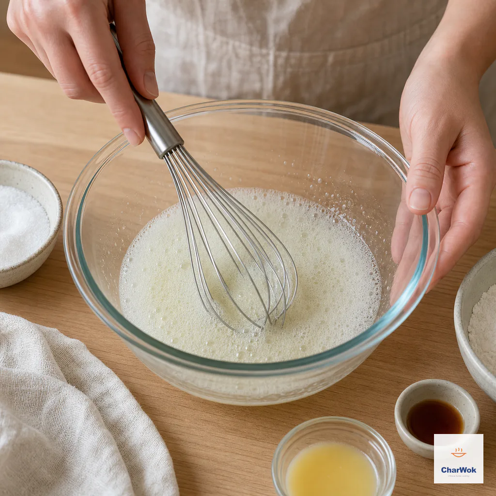 A balloon whisk beats egg whites and sugar into a cloudy loose foam with small bubbles but no peaks
