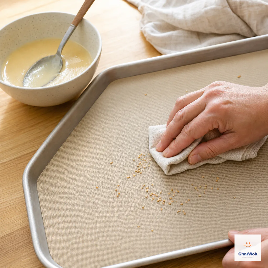 A dry cloth wipes stray toasted sesame from a warm silicone mat beside batter and a spoon for the next batch