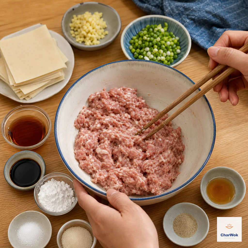 Seasonings, minced ginger and scallion surround sticky pork being stirred with chopsticks