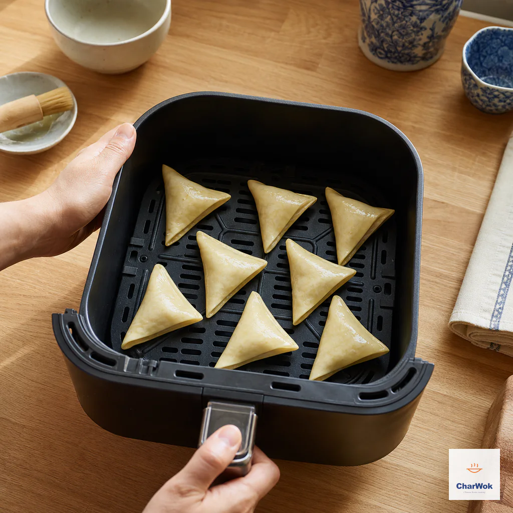 Eight sealed oil-brushed raw wontons sit apart in one layer in an air-fryer basket