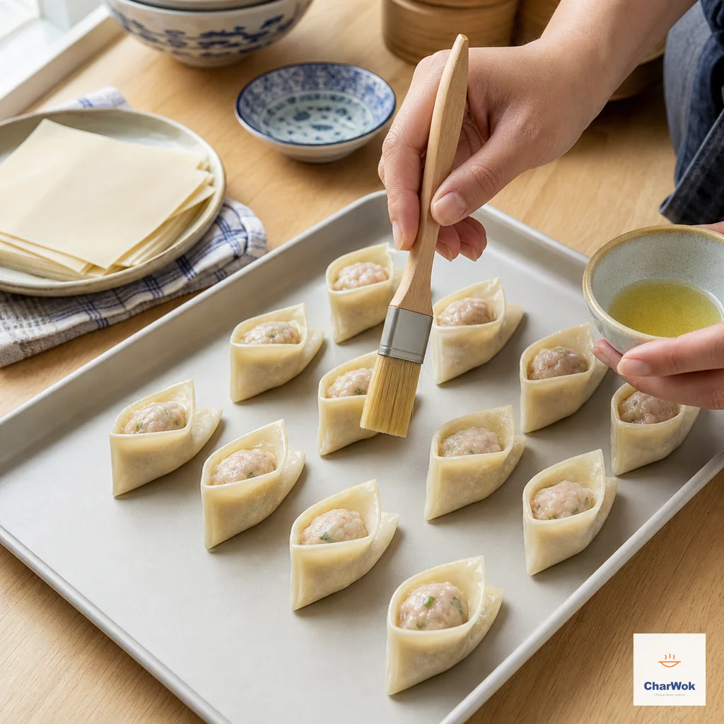 A pastry brush coats raw wontons with a very thin sheen of neutral oil