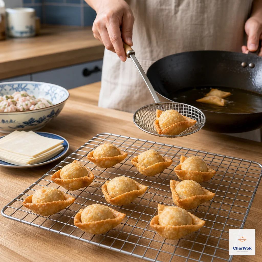 Deep-golden fried wontons drain in one uncrowded layer on a wire cooling rack