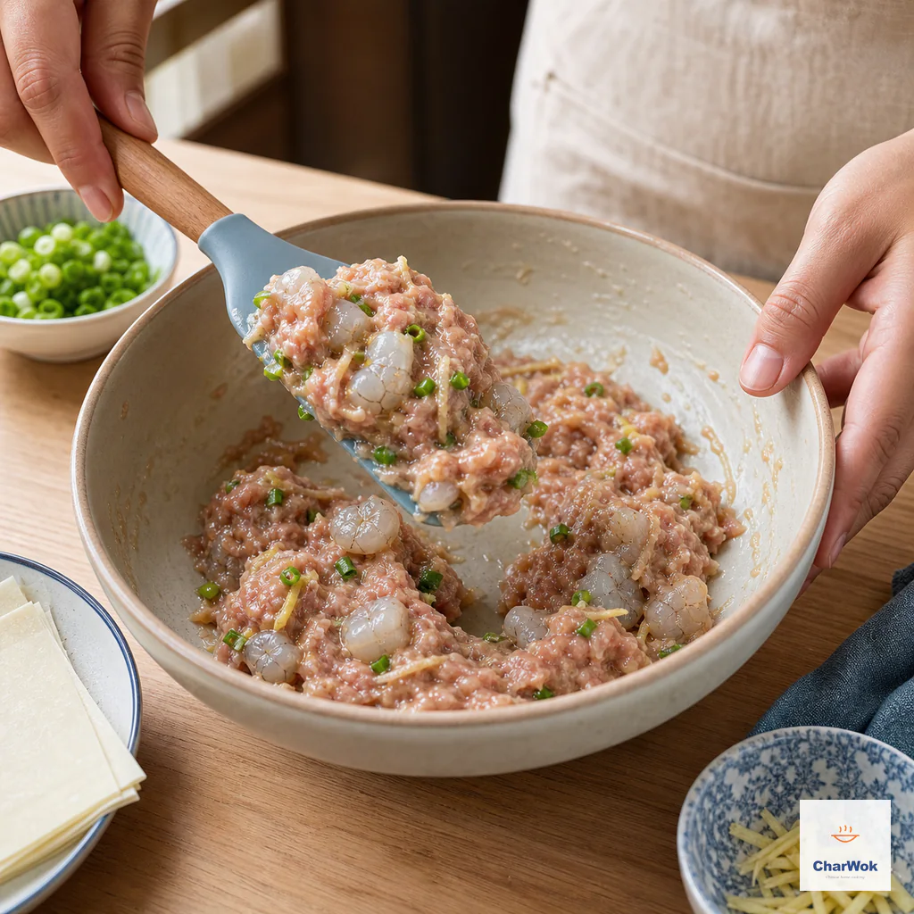 A spatula lifts glossy pork filling with intact shrimp cubes and chopped scallion