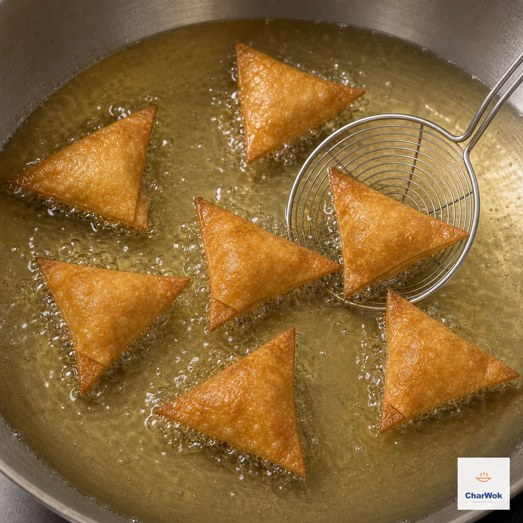 Seven triangular wontons fry freely in bubbling oil while a spider turns one evenly golden parcel