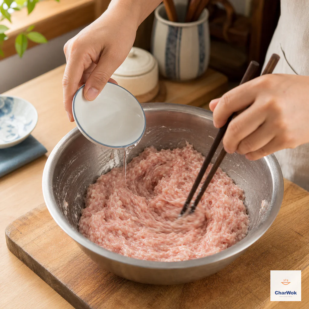 Cold water pours into raw ground pork while chopsticks beat it vigorously in one direction