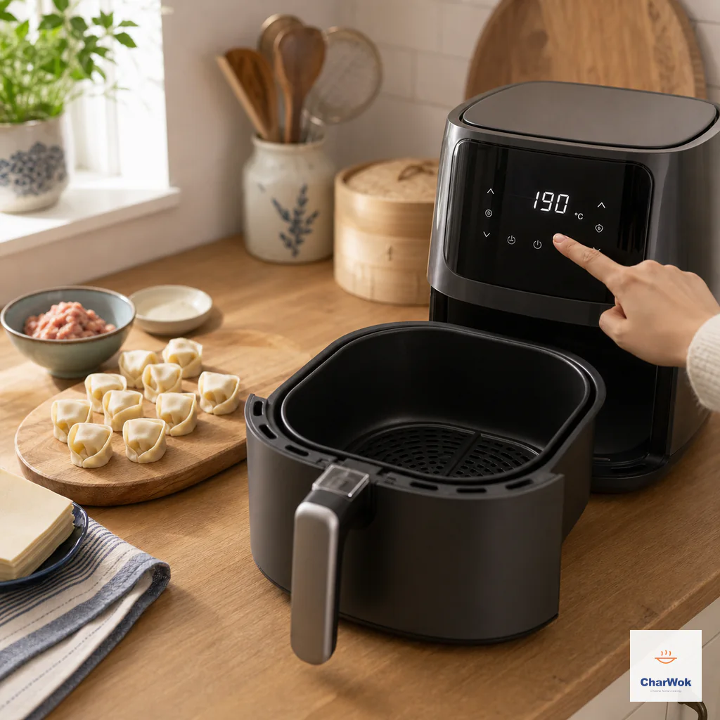 An empty air-fryer basket sits ready while the appliance display is set to 190 degrees Celsius