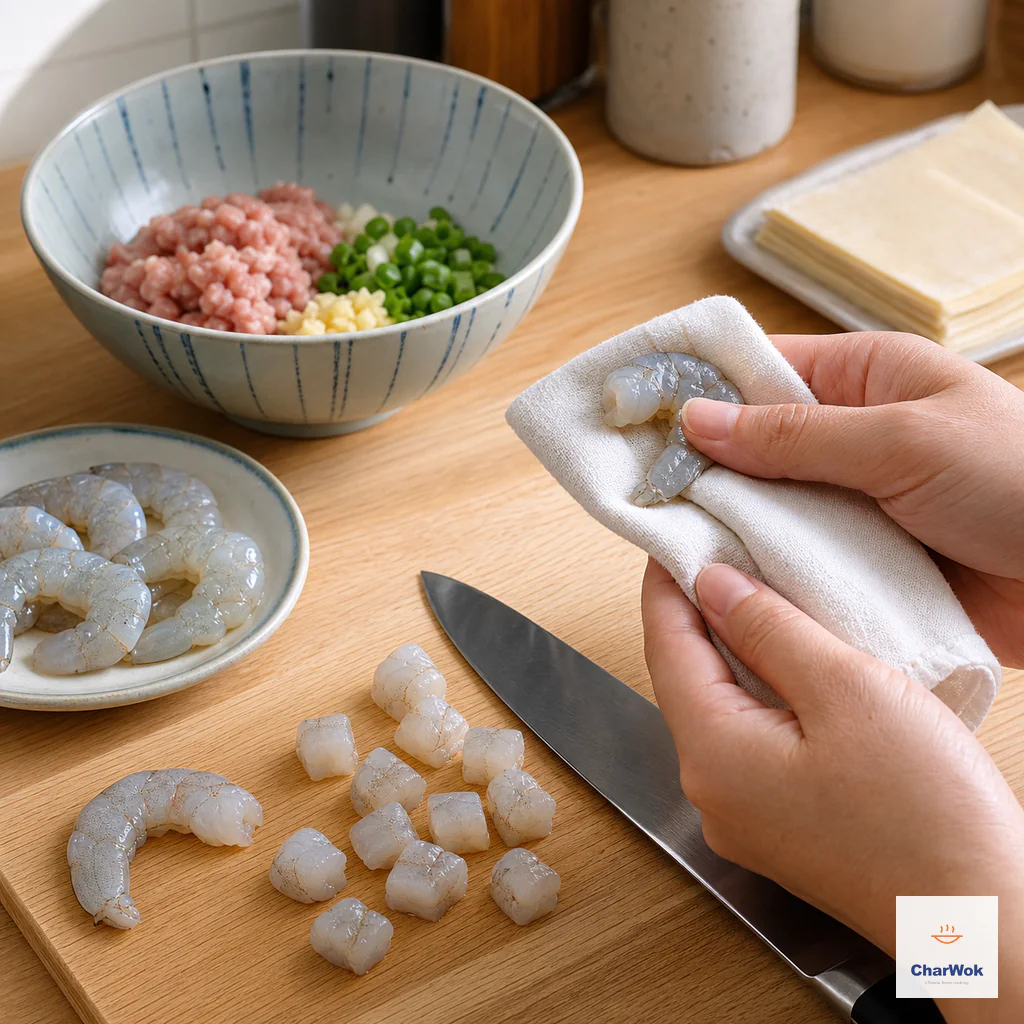 Peeled raw shrimp are patted dry and cut into small intact cubes beside a knife