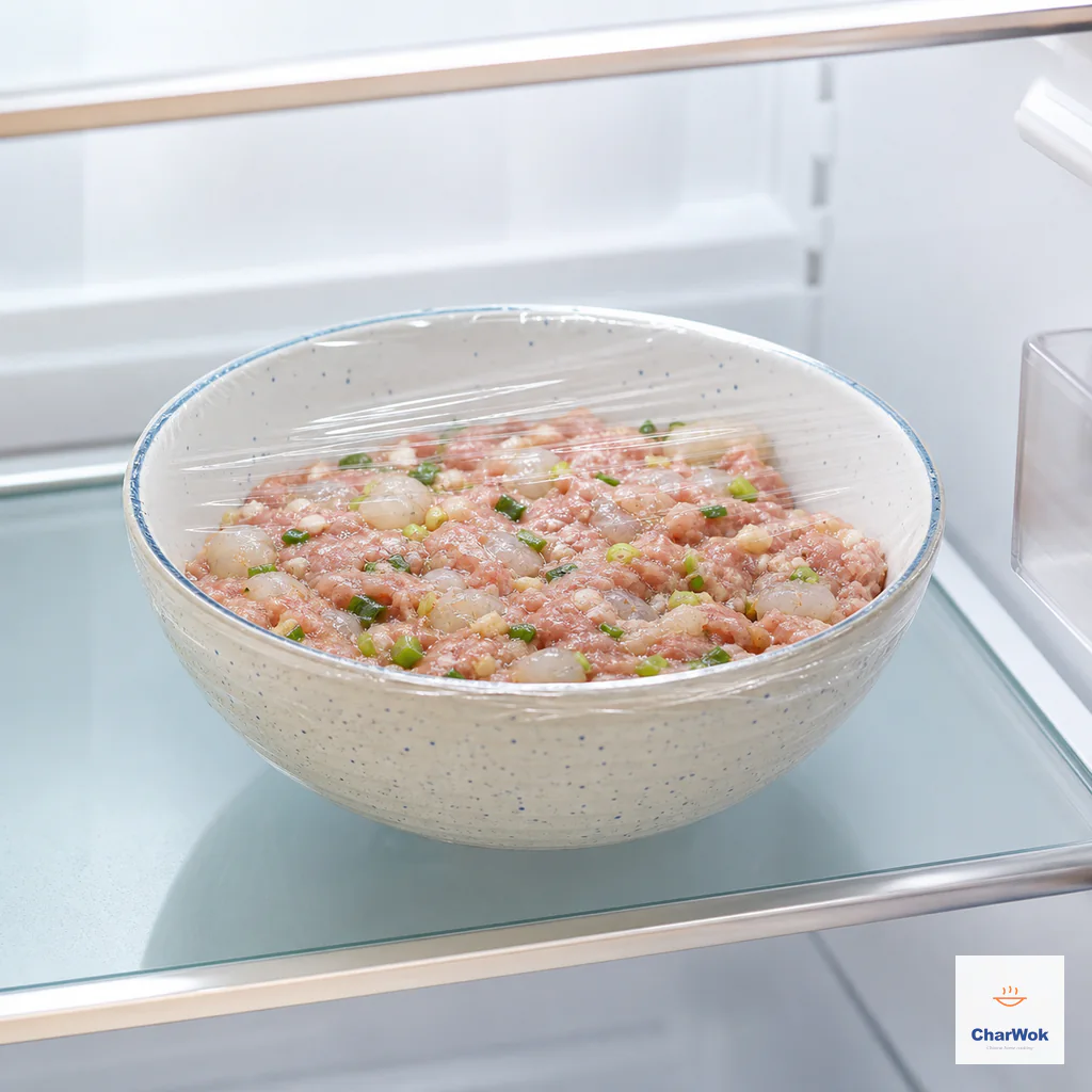 Covered bowl of raw pork-and-shrimp wonton filling resting on a refrigerator shelf