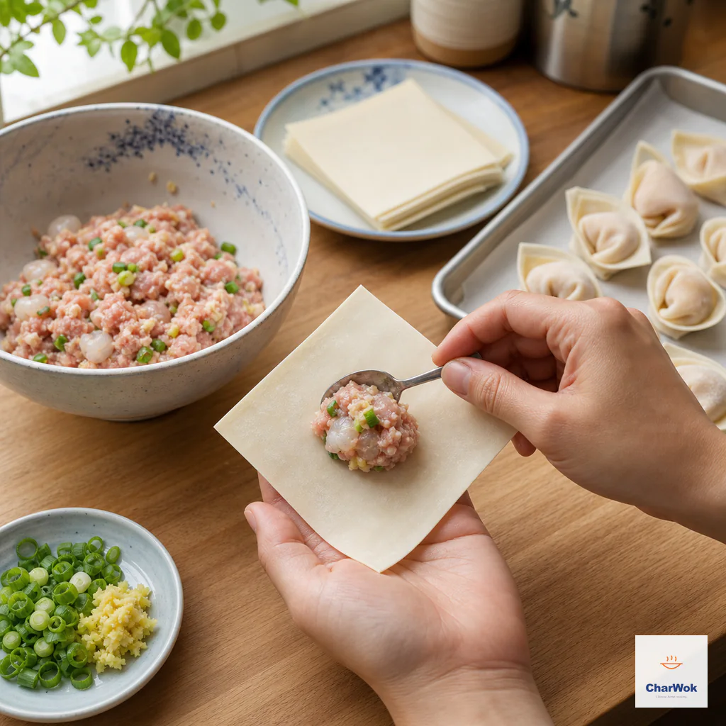 A scant teaspoon of pork-and-shrimp filling is placed in the clean center of a wonton wrapper