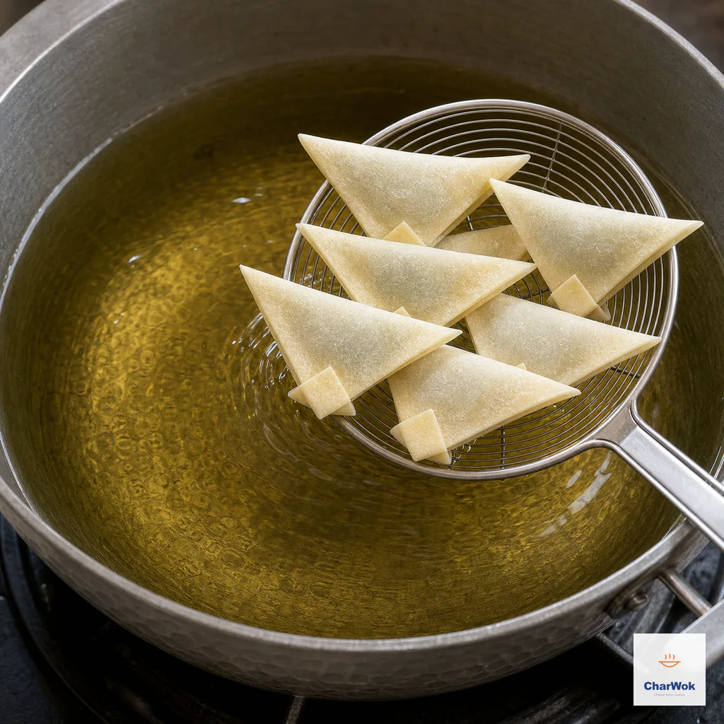 A stainless spider holds seven sealed raw wontons just above deep hot oil