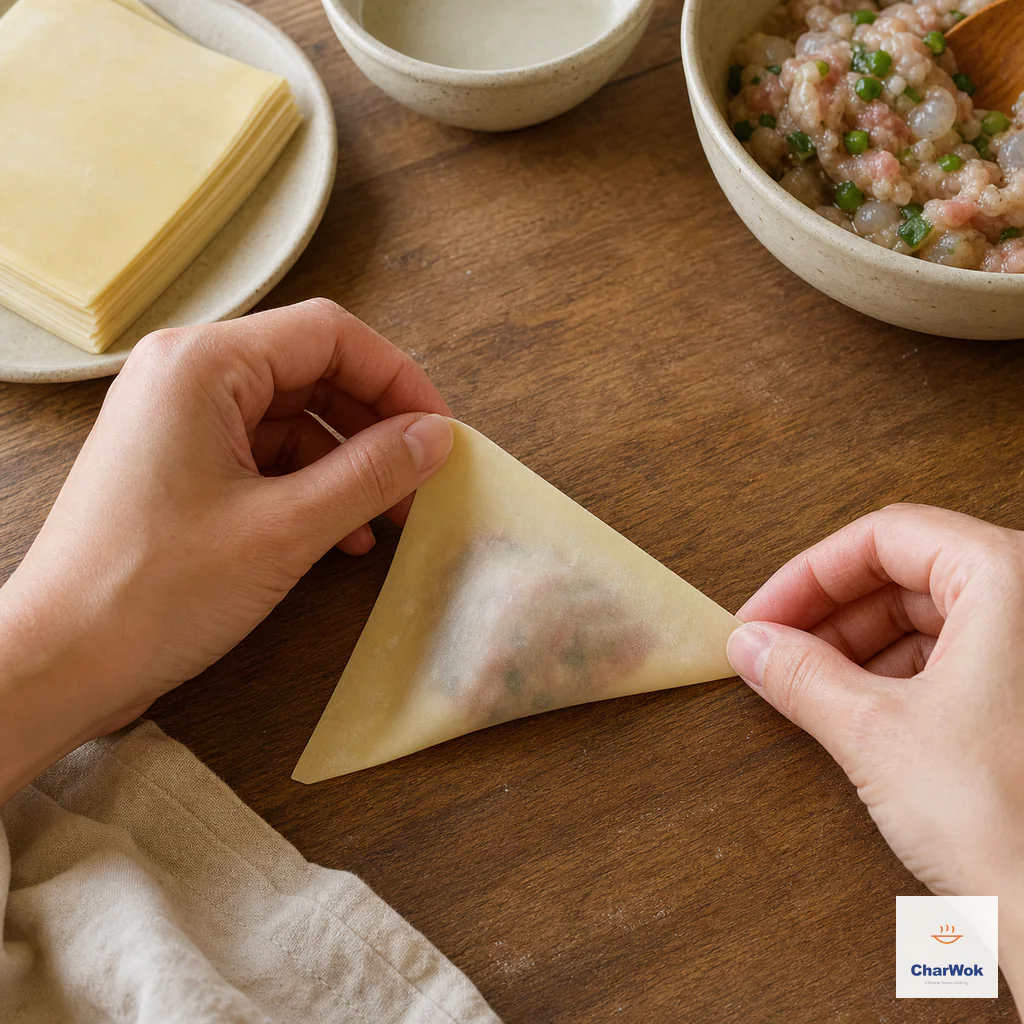 Hands fold a filled wrapper into a triangle while pressing trapped air toward the open edge