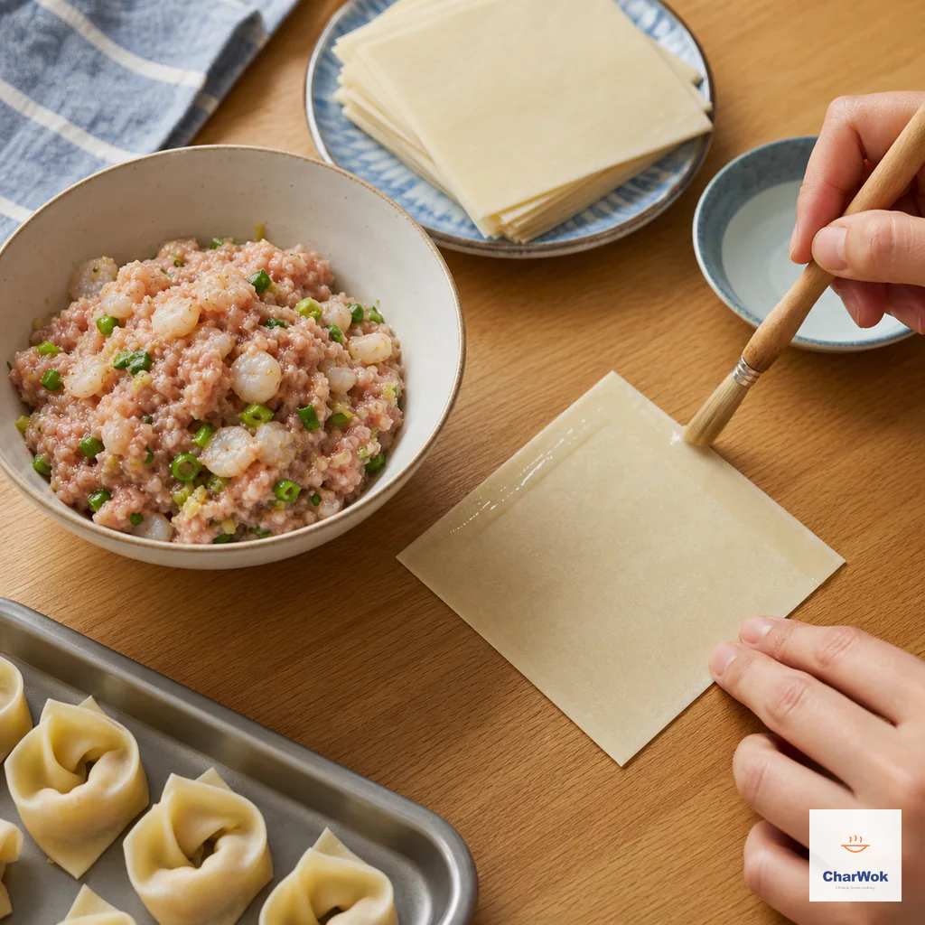A small brush wets exactly two adjacent edges of an empty diamond-shaped wonton wrapper